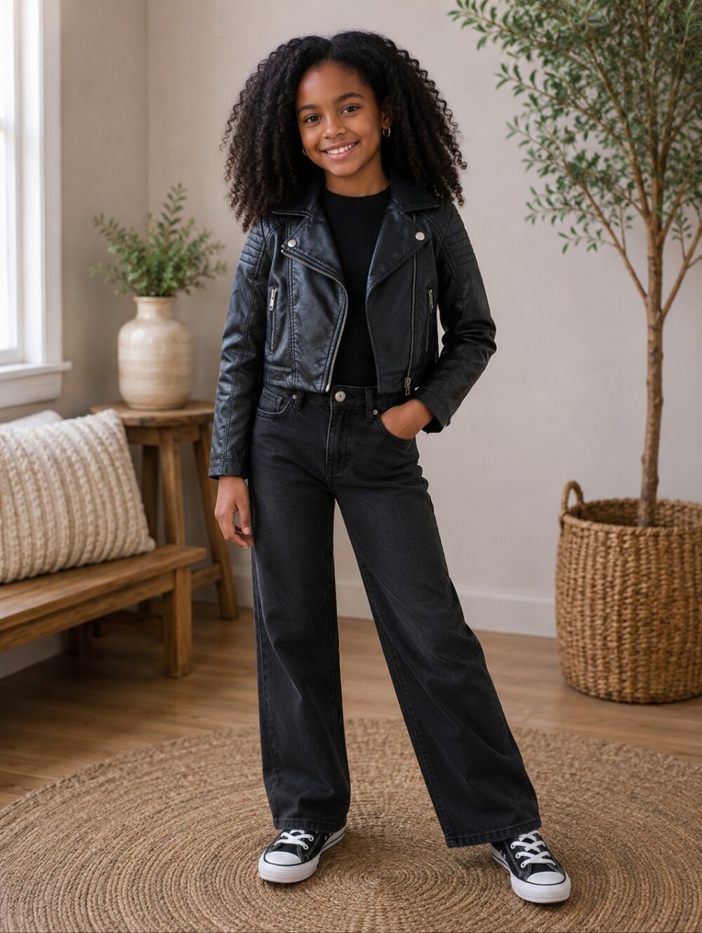H&M Kids Black Faux Leather Moto Jacket 8-9Y - Small Flaw